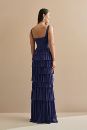 Vestido Longo em Tule com Alças e Decote Quadrado, Saia com Babados em Camadas – Livine Azul Bic