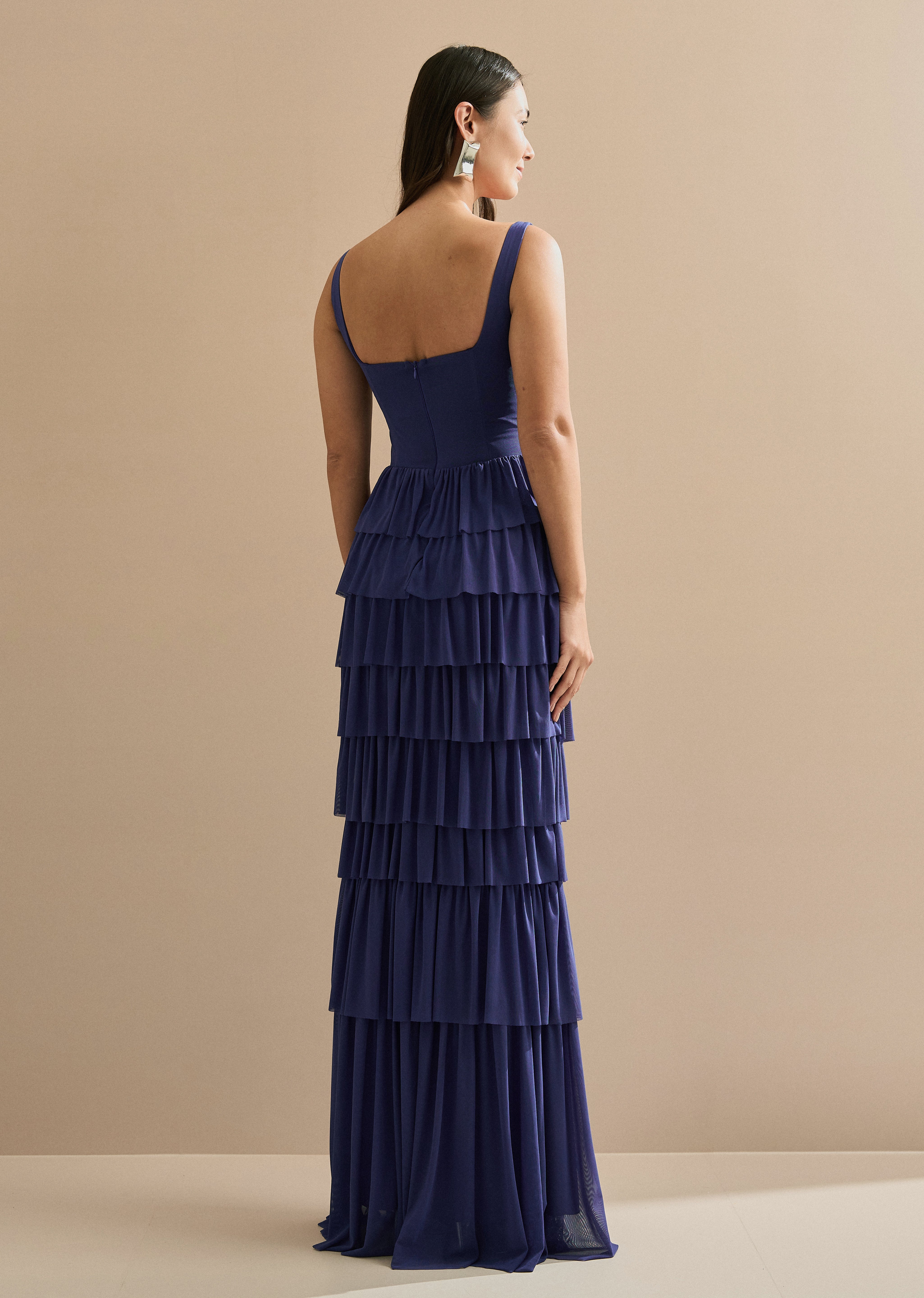 Vestido Longo em Tule com Alças e Decote Quadrado, Saia com Babados em Camadas – Livine Azul Bic