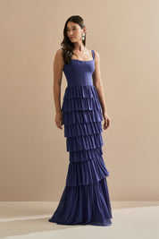 Vestido Longo em Tule com Alças e Decote Quadrado, Saia com Babados em Camadas – Livine Azul Bic