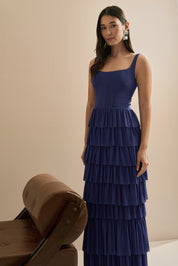 Vestido Longo em Tule com Alças e Decote Quadrado, Saia com Babados em Camadas – Livine Azul Bic