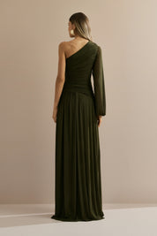 Vestido Longo com Decote de Ombro Único, Manga Longa e Franzidos - Adana Verde Oliva