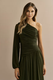Vestido Longo com Decote de Ombro Único, Manga Longa e Franzidos - Adana Verde Oliva