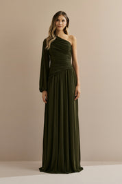 Vestido Longo com Decote de Ombro Único, Manga Longa e Franzidos - Adana Verde Oliva