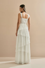 Vestido Longo em Tule com Franzido no Busto e Saia em Camadas Assimétricas - Nice Off White