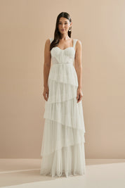 Vestido Longo em Tule com Franzido no Busto e Saia em Camadas Assimétricas - Nice Off White