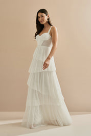 Vestido Longo em Tule com Franzido no Busto e Saia em Camadas Assimétricas - Nice Off White