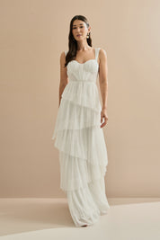 Vestido Longo em Tule com Franzido no Busto e Saia em Camadas Assimétricas - Nice Off White