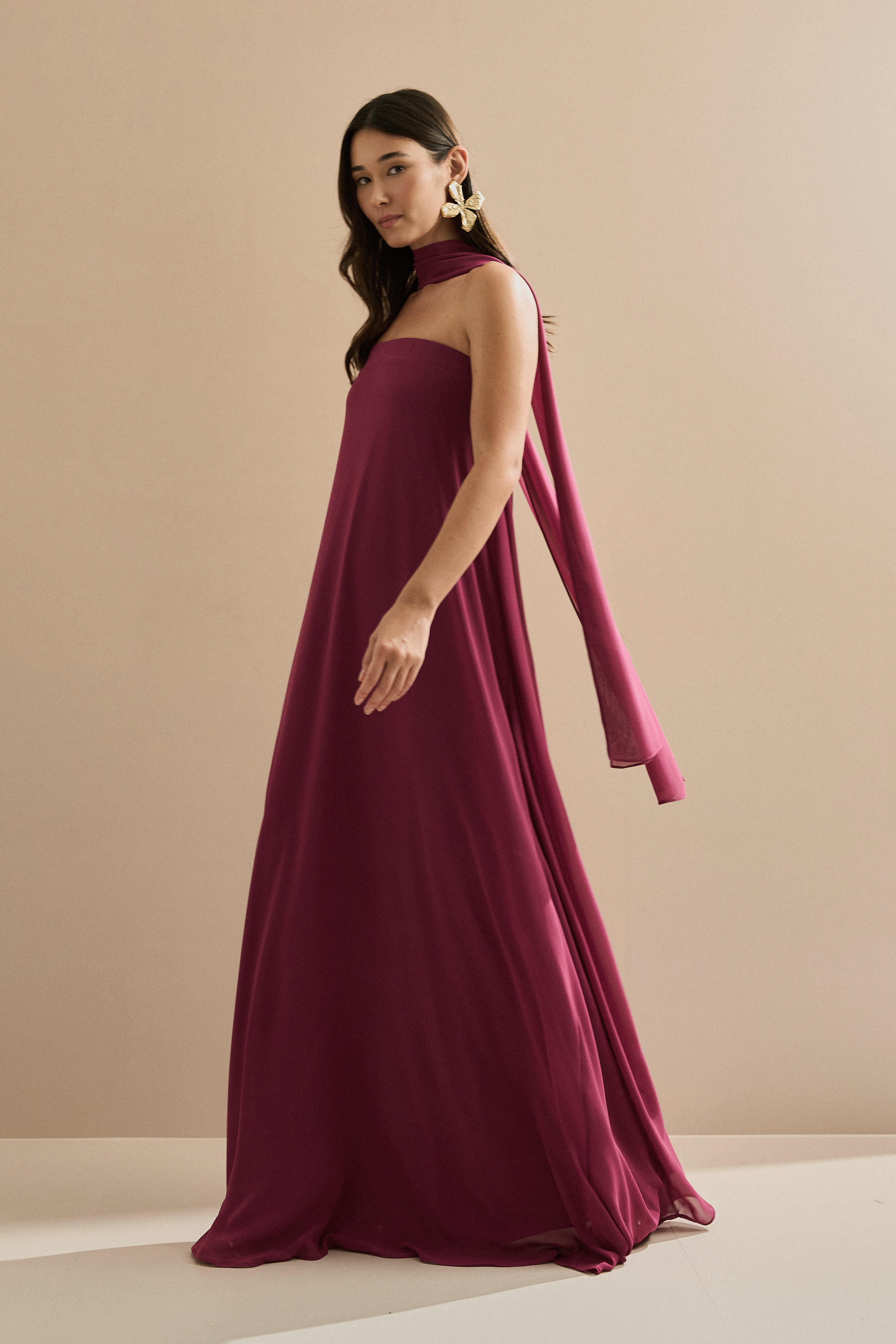 Vestido Longo Sem Alça com Echarpe - Mumbai Fúcsia