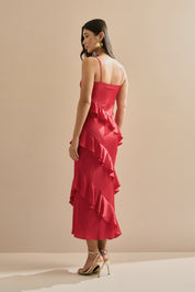 Vestido Midi em Cetim com Decote Degagê, Alças Finas e Babados Assimétricos - Isla Vermelho