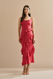 Vestido Midi em Cetim com Decote Degagê, Alças Finas e Babados Assimétricos - Isla Vermelho