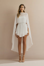 Vestido Curto em Chiffon com Decote Reto Sem Alças e Capa Fluida Sobreposta - Áurea Off White