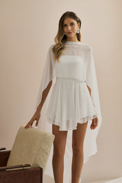 Vestido Curto em Chiffon com Decote Reto Sem Alças e Capa Fluida Sobreposta - Áurea Off White