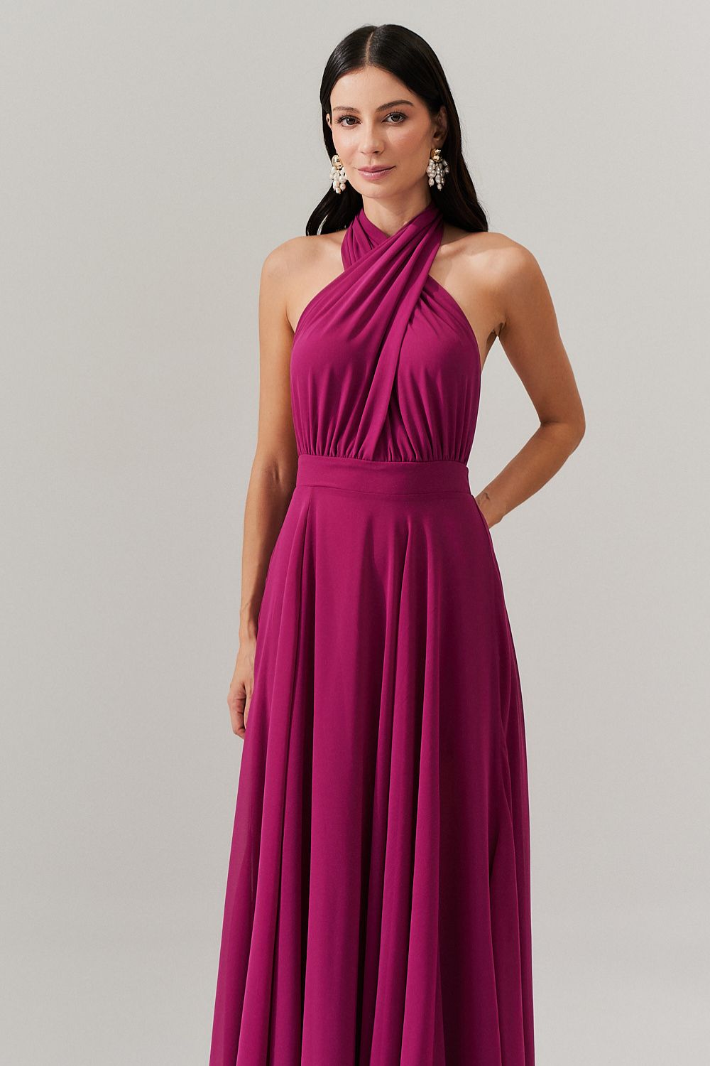 Vestido de Festa Longo de Chiffon com Fenda Lateral - Mil Formas Fúcsia