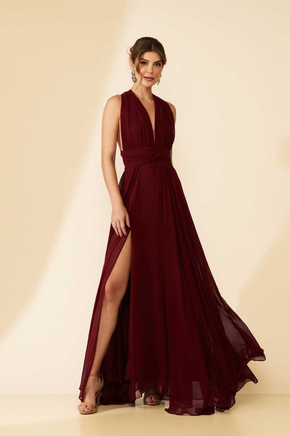 Vestido de Festa Longo de Chiffon com Fenda Lateral - Mil Formas Marsala