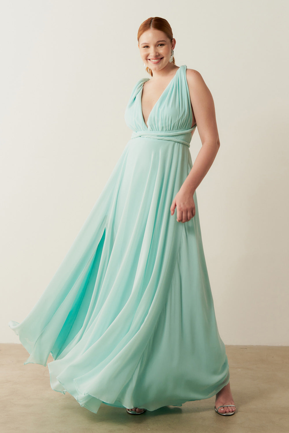 Vestido de Festa Longo de Chiffon e Fenda Lateral - Mil Formas Verde Tiffany