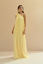 Vestido de Festa Longo e Plissado com Decote Ombro Único - Paris Amarelo Manteiga