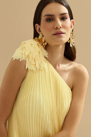 Vestido de Festa Longo e Plissado com Decote Ombro Único - Paris Amarelo Manteiga