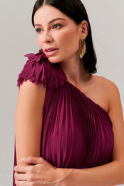 Vestido de Festa Longo e Plissado com Decote Ombro Único - Paris Fucsia