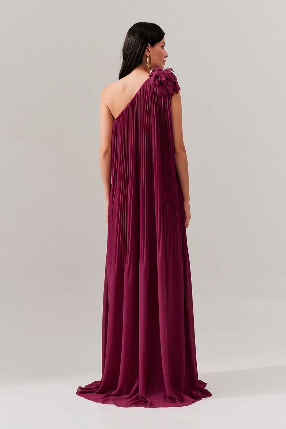 Vestido de Festa Longo e Plissado com Decote Ombro Único - Paris Fucsia