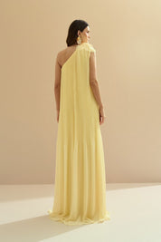 Vestido de Festa Longo e Plissado com Decote Ombro Único - Paris Amarelo Manteiga