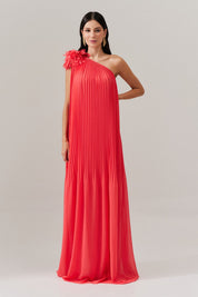 Vestido de Festa Longo e Plissado com Decote Ombro Único - Paris Coral