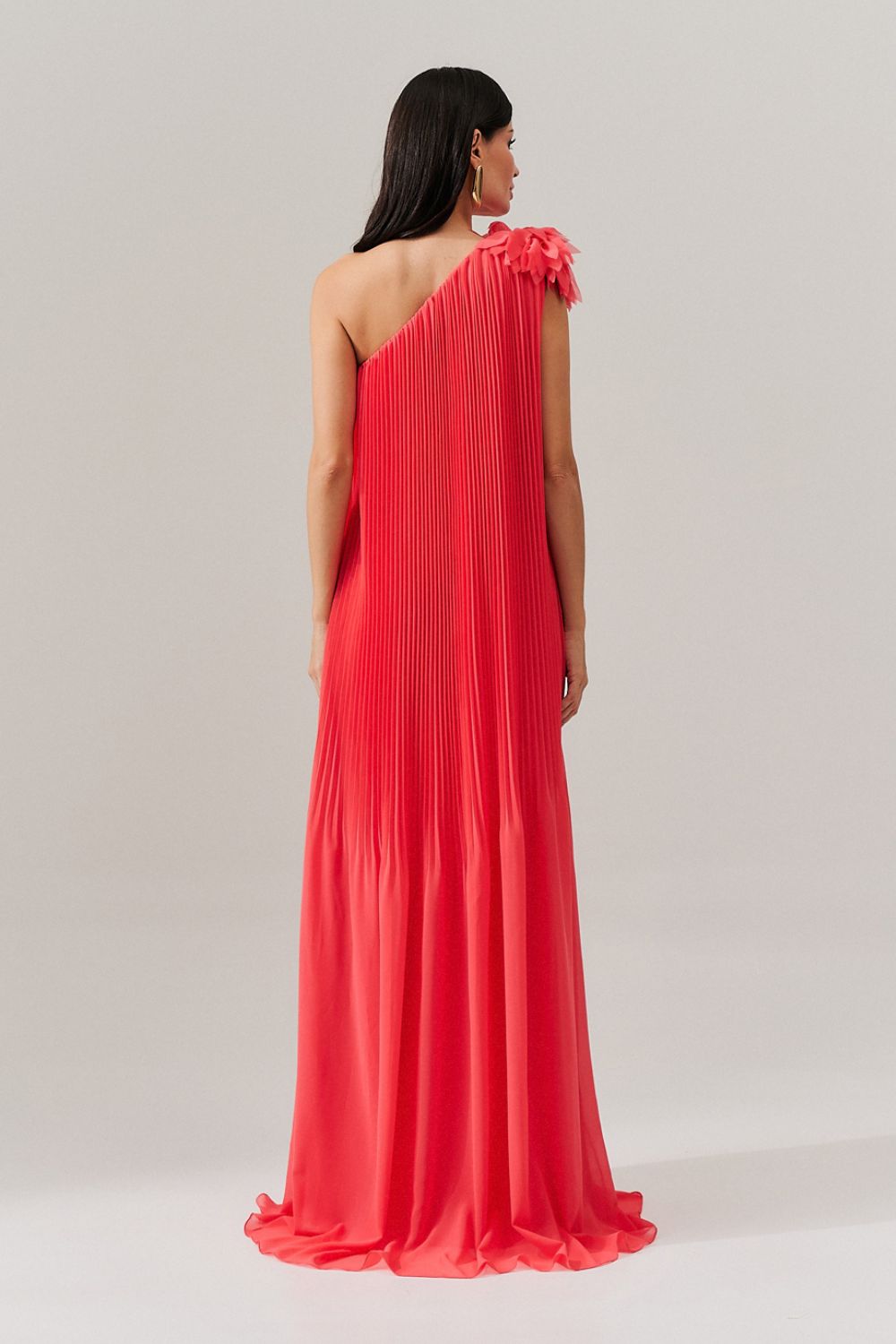 Vestido de Festa Longo e Plissado com Decote Ombro Único - Paris Coral
