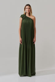 Vestido de Festa Longo e Plissado com Decote Ombro Único - Paris Oliva