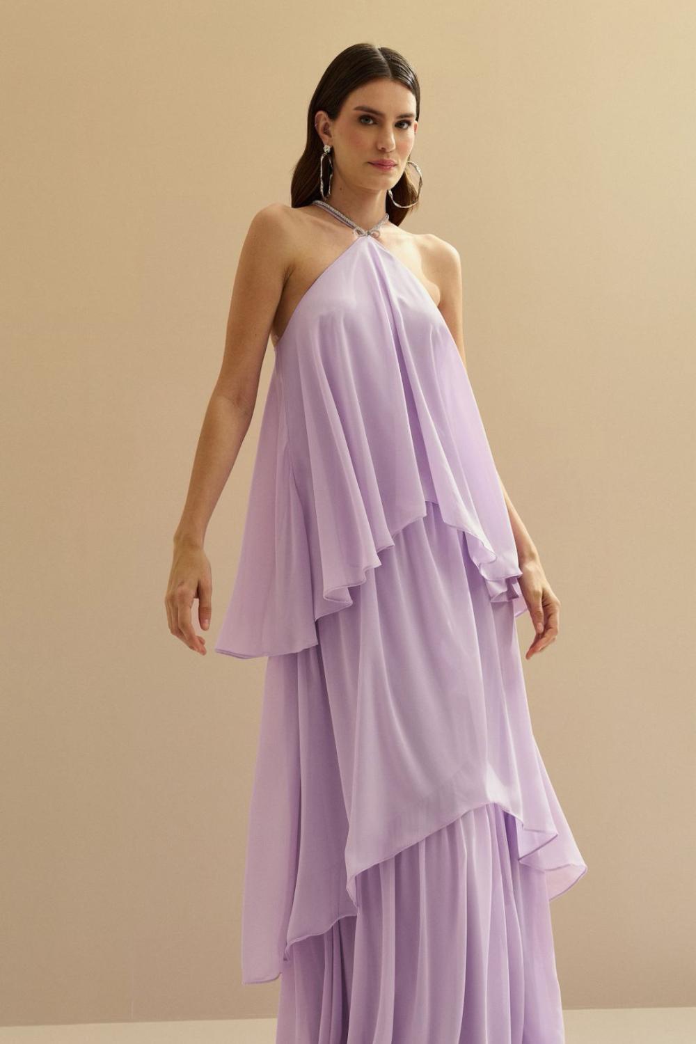 Vestido de Festa Longo em Camadas - Barcelona Lilás | Lavanda