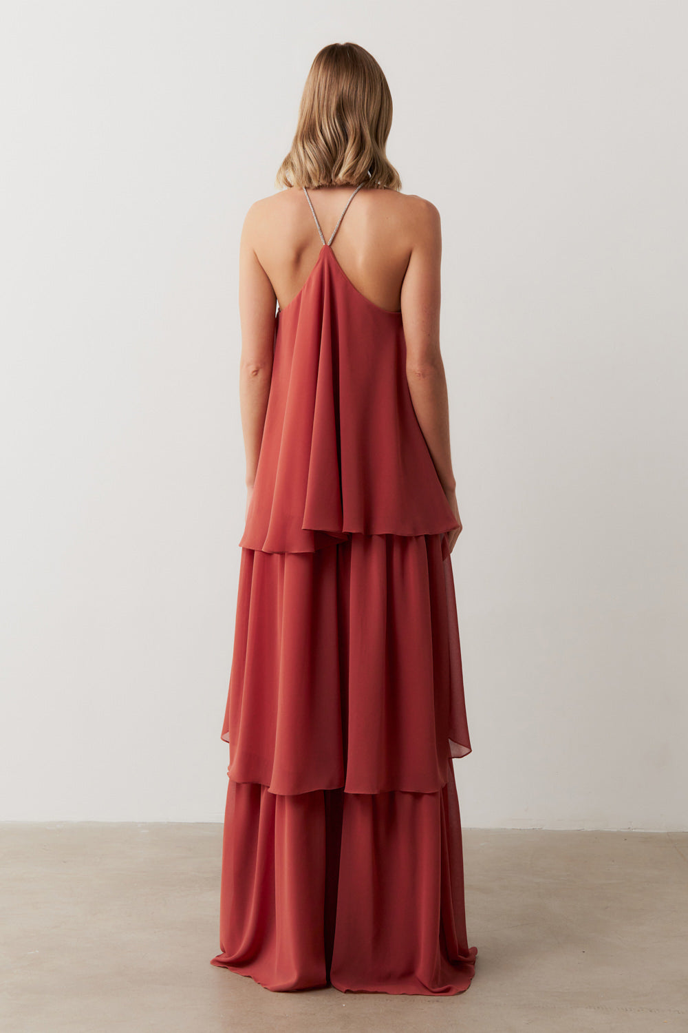 Vestido de Festa Longo em Camadas - Barcelona Terracota