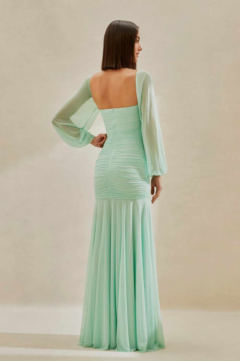 Vestido de Festa Longo, Manga Longa e Fenda Lateral - Zuri Menta