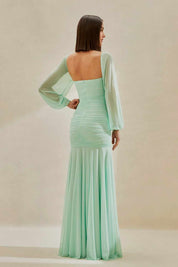 Vestido de Festa Longo, Manga Longa e Fenda Lateral - Zuri Menta