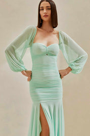 Vestido de Festa Longo, Manga Longa e Fenda Lateral - Zuri Menta