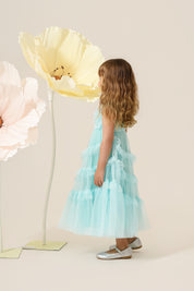 Vestido Infantil em Tule com Frufru nas Alças, Corpo Franzido com Babados Assimétricos - Cereja Azul Claro