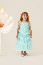 Vestido Infantil em Tule com Frufru nas Alças, Corpo Franzido com Babados Assimétricos - Cereja Azul Claro