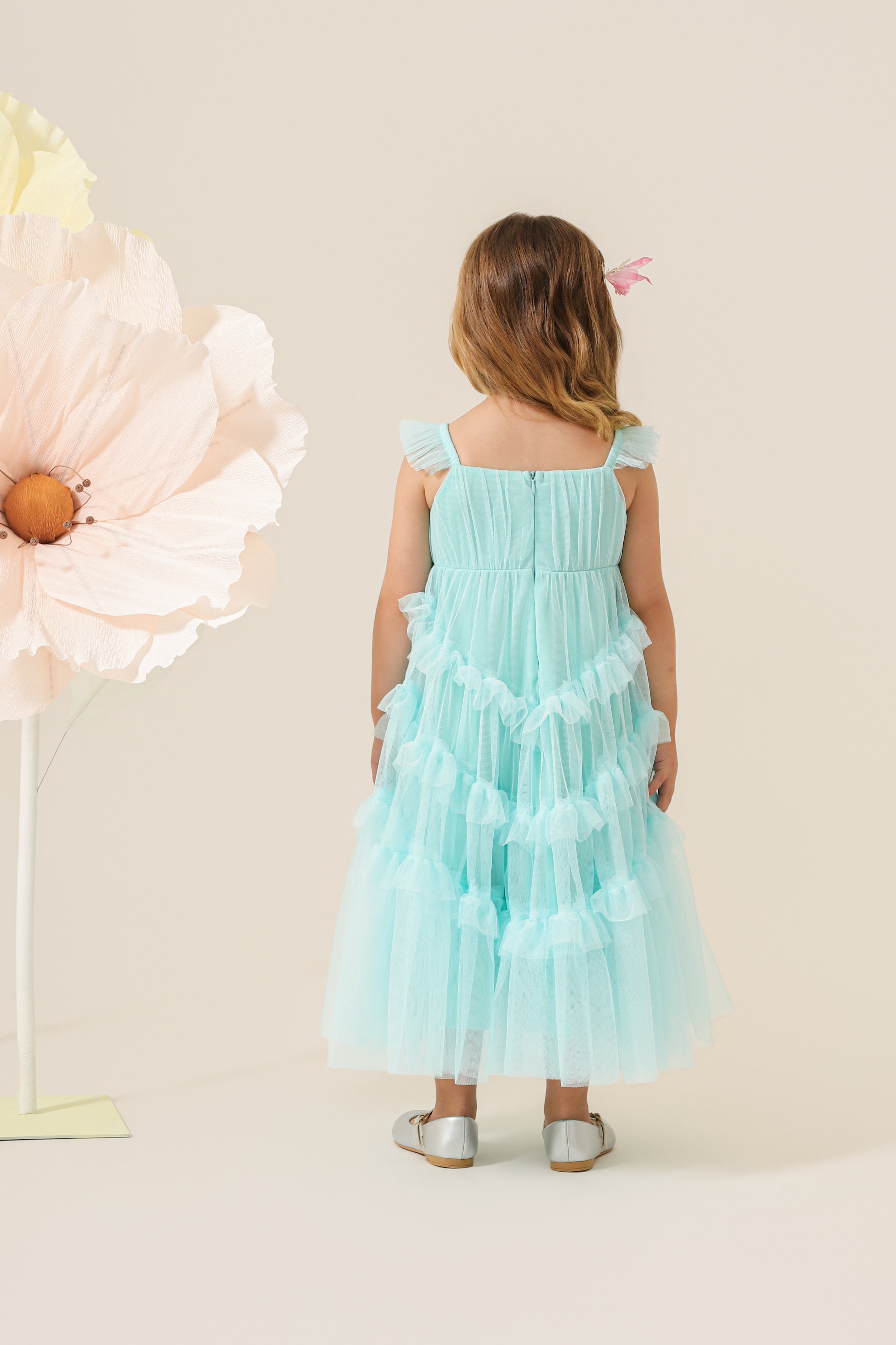 Vestido Infantil em Tule com Frufru nas Alças, Corpo Franzido com Babados Assimétricos - Cereja Azul Claro