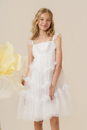 Vestido Infantil em Tule com Frufru nas Alças, Corpo Franzido com Babados Assimétricos - Cereja Off White
