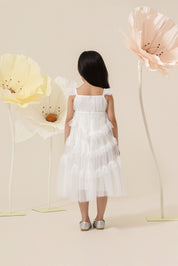 Vestido Infantil em Tule com Frufru nas Alças, Corpo Franzido com Babados Assimétricos - Cereja Off White