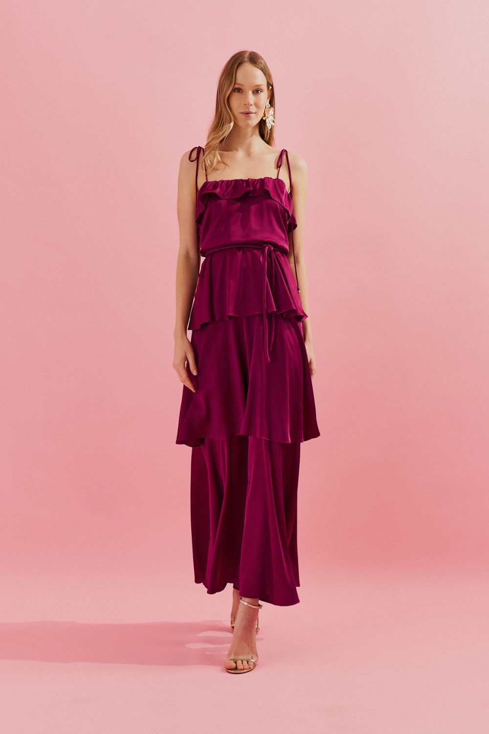 Vestido Long Midi com Alças Finas e Camadas Sobrepostas - Santiago Fucsia