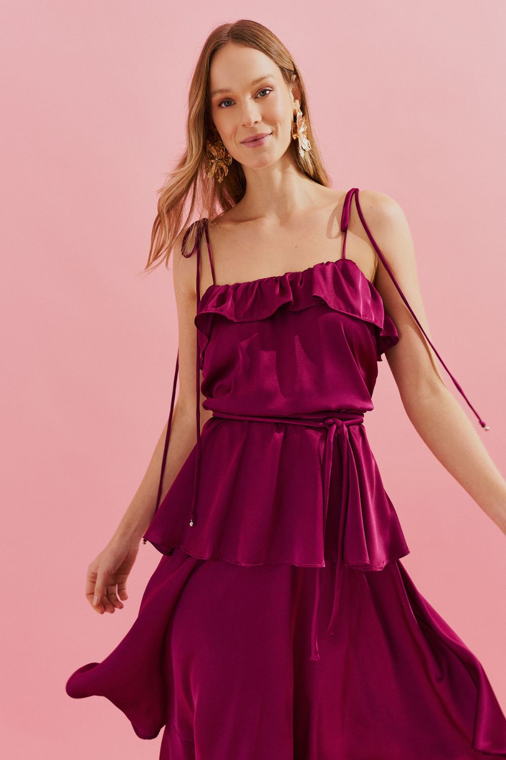 Vestido Long Midi com Alças Finas e Camadas Sobrepostas - Santiago Fucsia