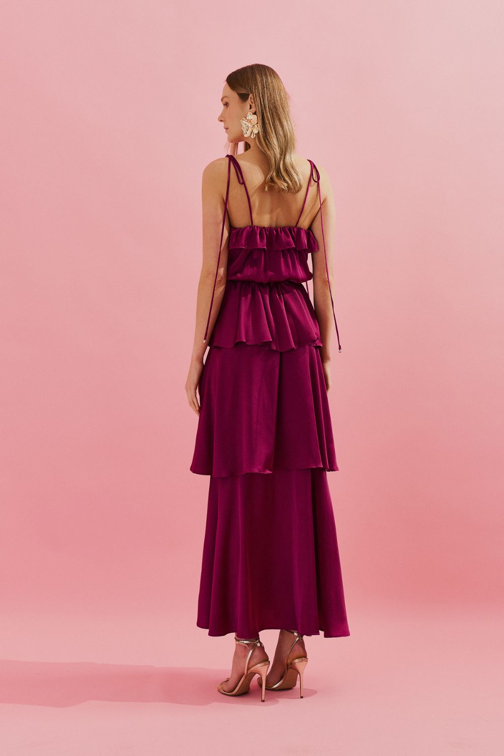 Vestido Long Midi com Alças Finas e Camadas Sobrepostas - Santiago Fucsia