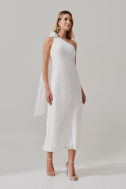 Vestido Long Midi com Decote Assimétrico e Flor Removível - Santa Fé Off White