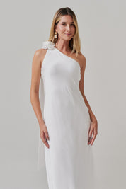Vestido Long Midi com Decote Assimétrico e Flor Removível - Santa Fé Off White