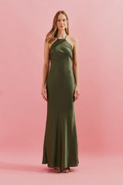 Vestido Long Midi com Decote Triangular e Pregas - Brisa Verde Oliva