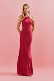 Vestido Long Midi com Decote Triangular e Pregas - Brisa Canela