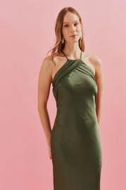 Vestido Long Midi com Decote Triangular e Pregas - Brisa Verde Oliva