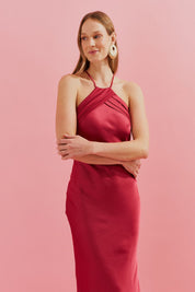 Vestido Long Midi com Decote Triangular e Pregas - Brisa Canela