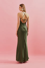 Vestido Long Midi com Decote Triangular e Pregas - Brisa Verde Oliva