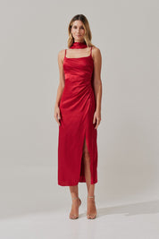 Vestido Long Midi com Pregas e Fenda lateral e Echarpe - Dhaka Vermelho