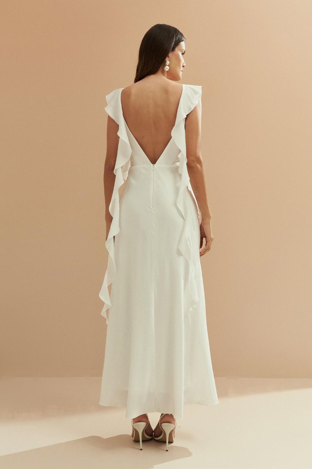 Vestido Long Midi de Cetim com Decote Degage e Babados Longos nas Mangas - Akita Off White