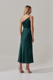 Vestido Long Midi Ombro Único em Cetim com Fenda Lateral - Jordânia Verde Bandeira